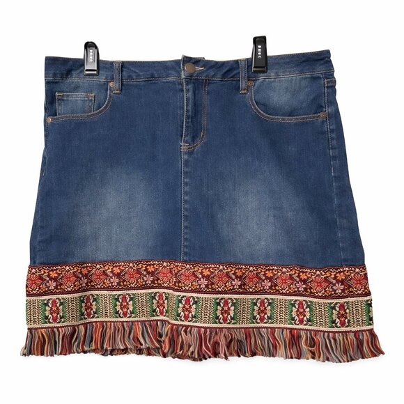 Cato Dresses & Skirts - Cato Tribal Aztec Fringe Denim Skirt.  Size 16 NWT